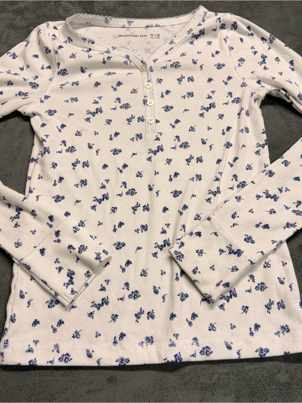 abercrombie kids White Long Sleeve Henley Tee with Blue Floral Print